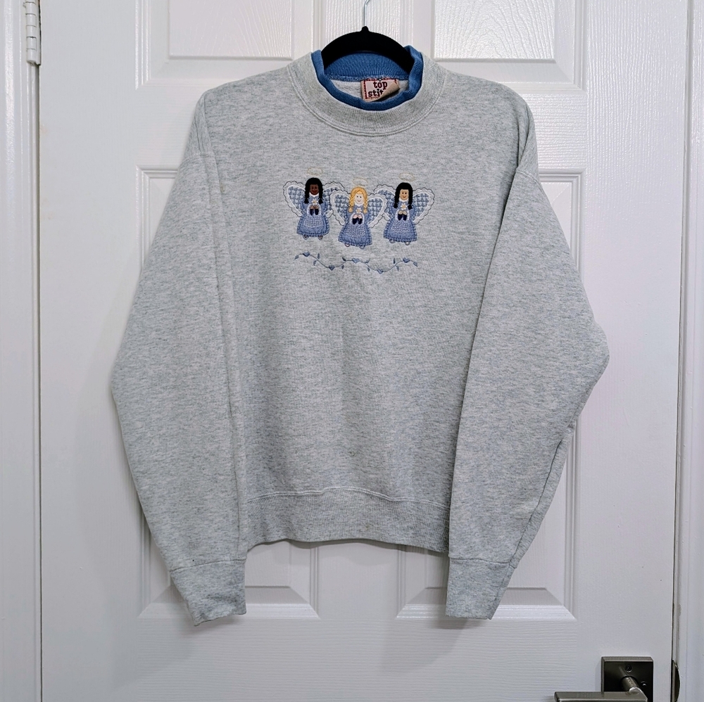90s Interracial Angels Holiday Morning Sun Top Stitch Sweater M Grey Pullover - Picture 2 of 5